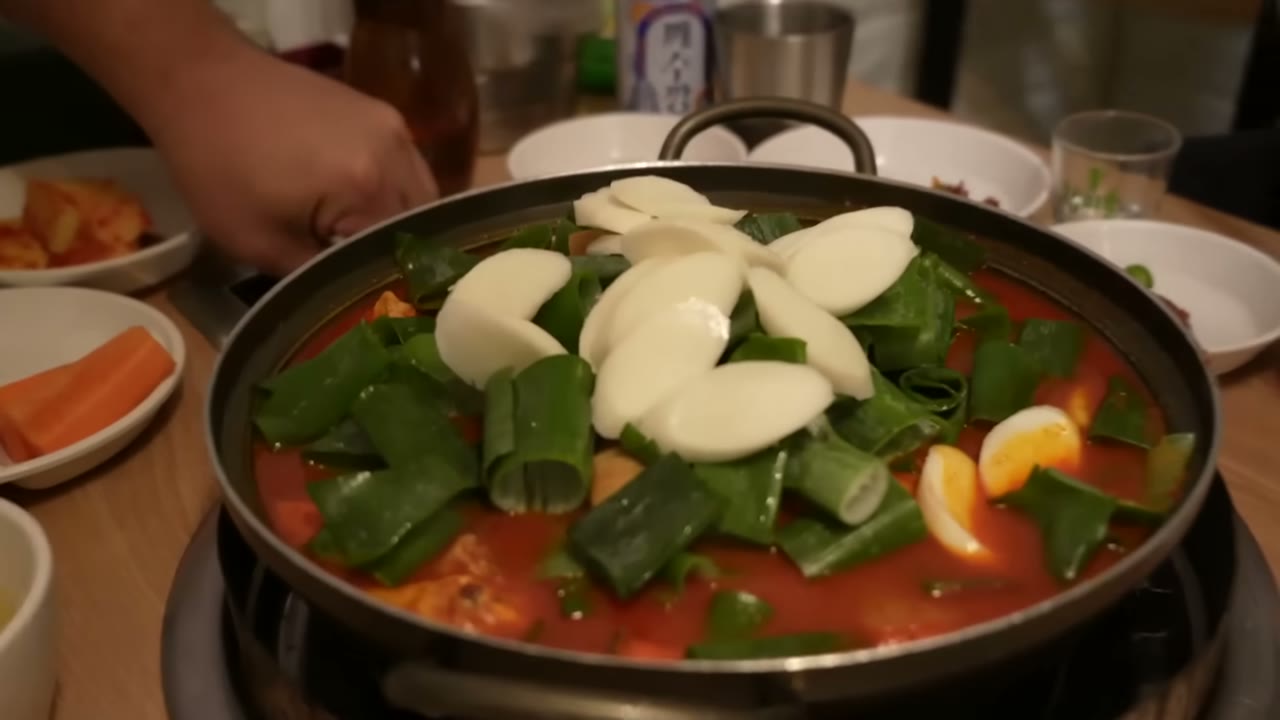 떡과 파를 얹은 닭 요리