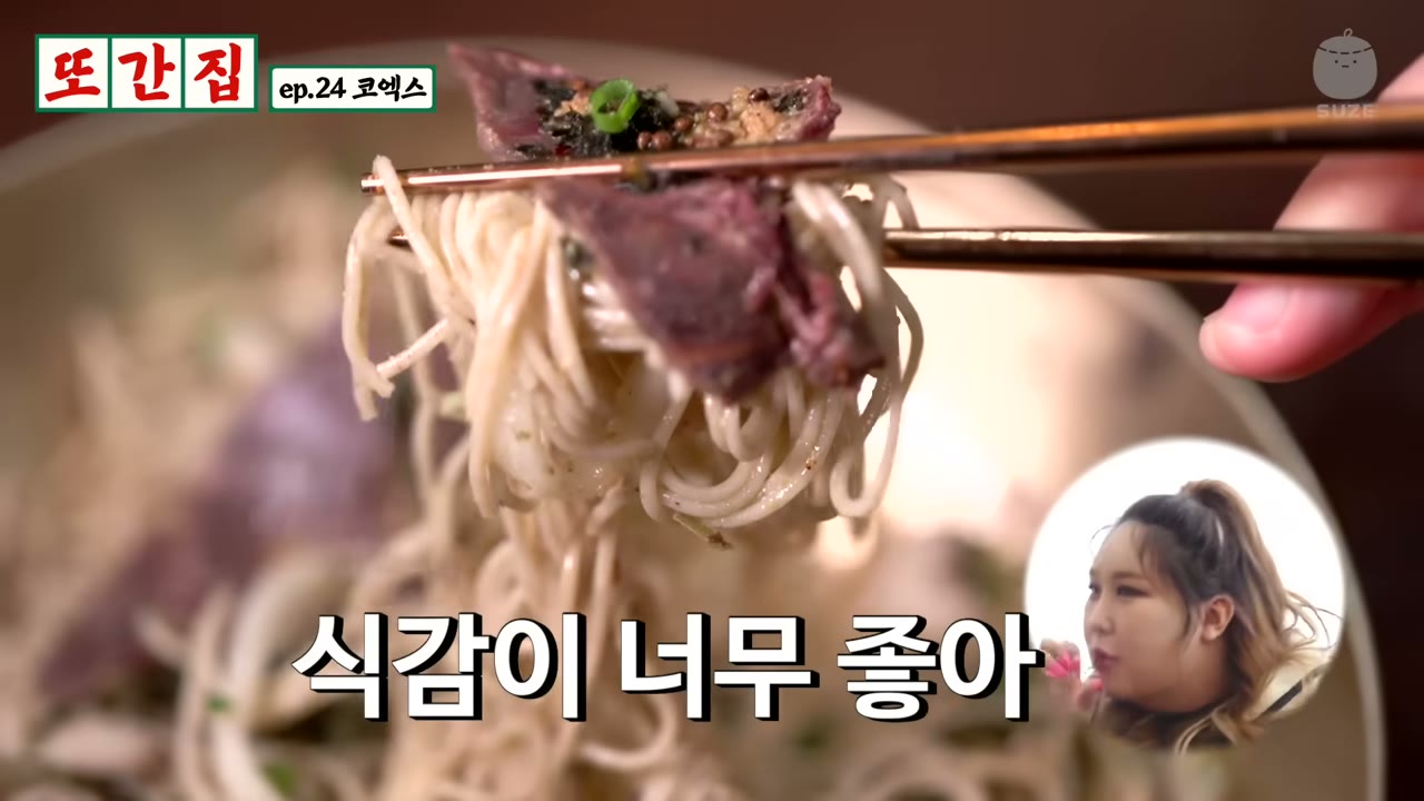 고기를 얹어 집어 올린 평양냉면